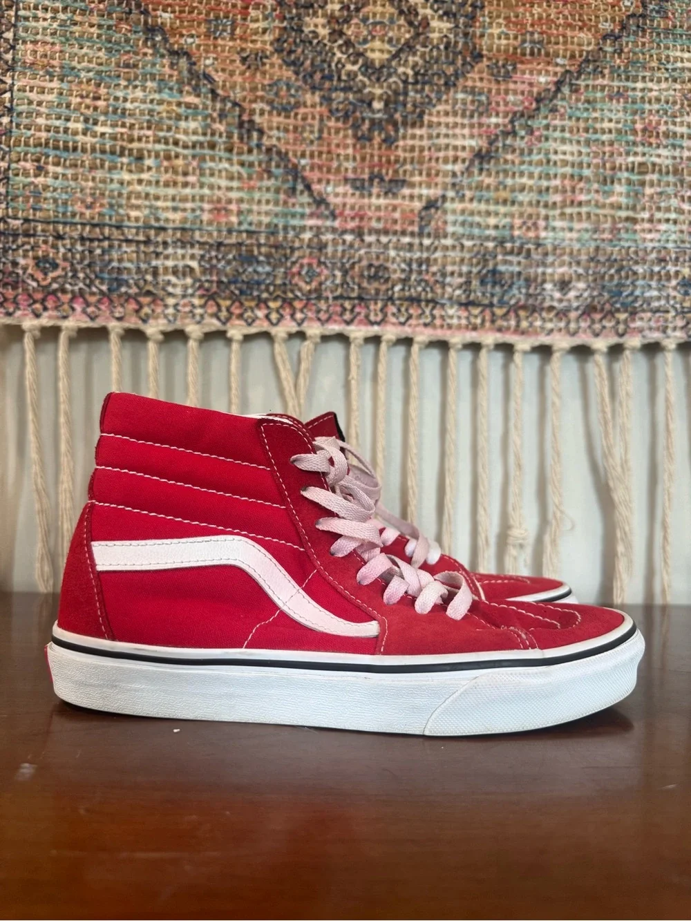Vans Red and White Low-Top Skate Sneakers with Pink Laces